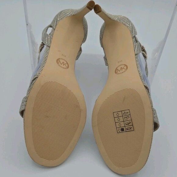 Michael Kors Ava Mid Sandal Heels Strappy Glitter Mesh Sand/Gold Color 8M EUC - Picture 10 of 10